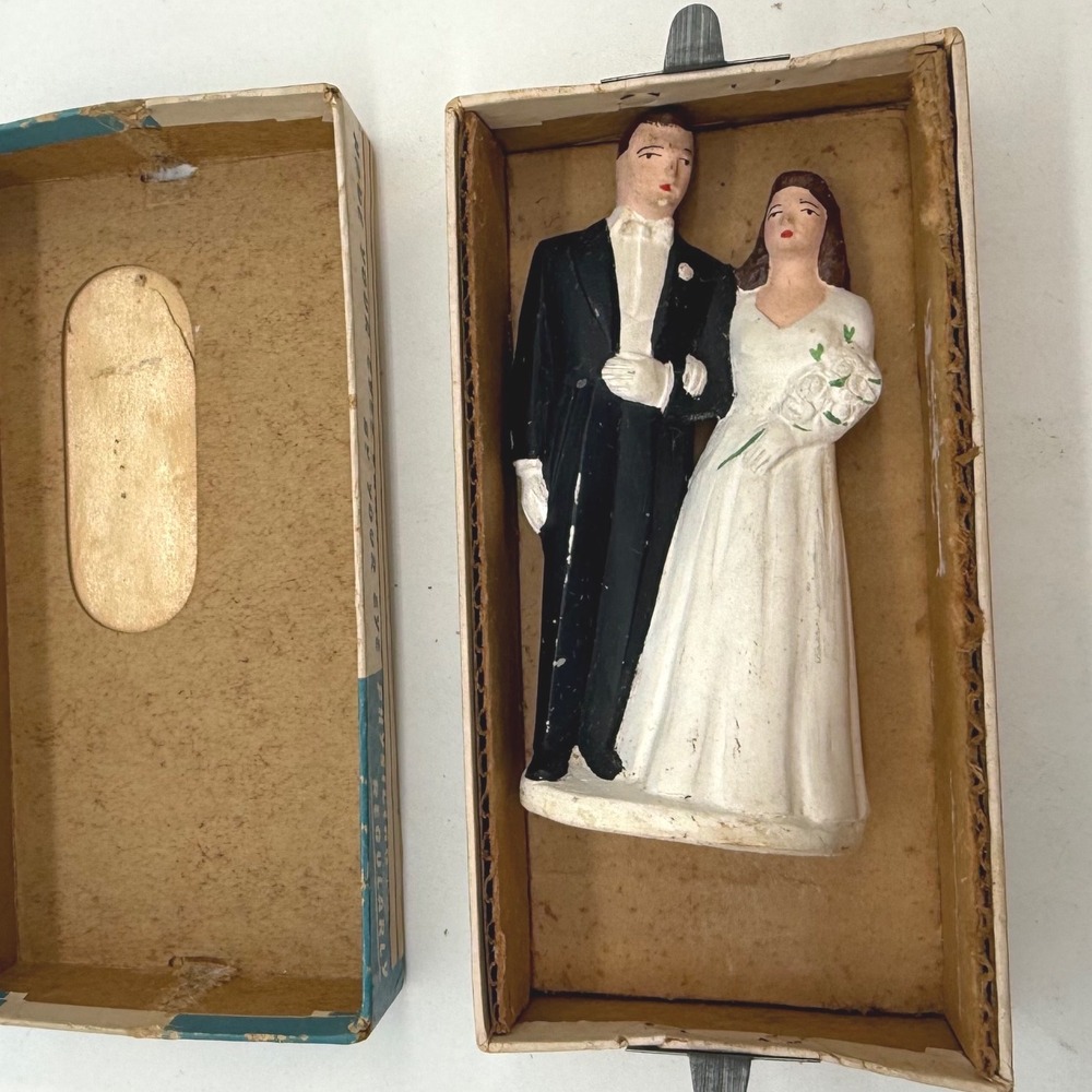 Vintage 1951 P&H Chalkware Wedding Cake Topper Bride and Groom Figurine Box